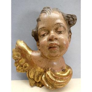 Carved, Painted Wood Angel, 18th Or 19th Century, Charming Antique Face