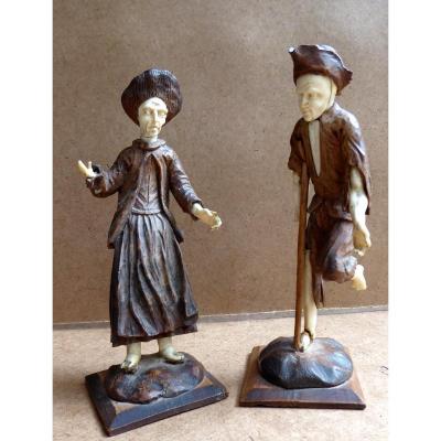 Beggars Couple, Wood, Bone Sculptures, After Simon Troger, 18thc