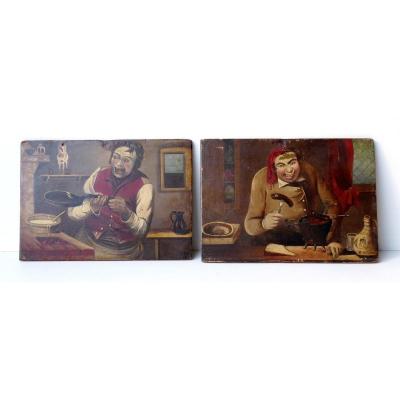 2 Gourmet And Popular Caricatures, 19th C, Oil S. Panel