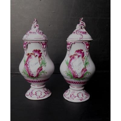 Niderviller, Louis XV Style, Pair Of Covered Apothecary Jars, Good Condition