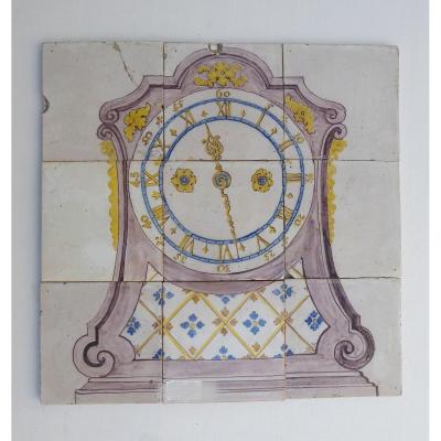 Delft, 18thc, Earthenware Wall Picture Of 9 Tiles: Polychrome Clock