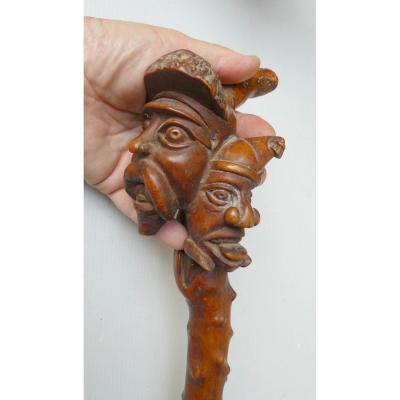 Thick Grotesque Bicephale Cane, Boxwood, Primitive Treen 19th Century