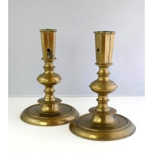 Turned Bronze Candlesticks Haute Epoque, Rare Model, Pair