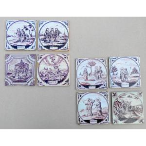 Suite Of 8 Delft Tiles,  Biblical Subjects, Manganese, 18th Century