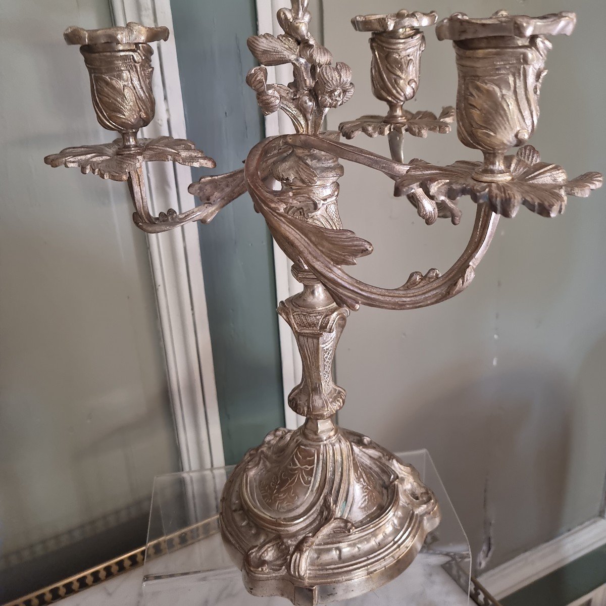 Pair Of Candelabras In Silvered Bronze Louis XV Style-photo-2