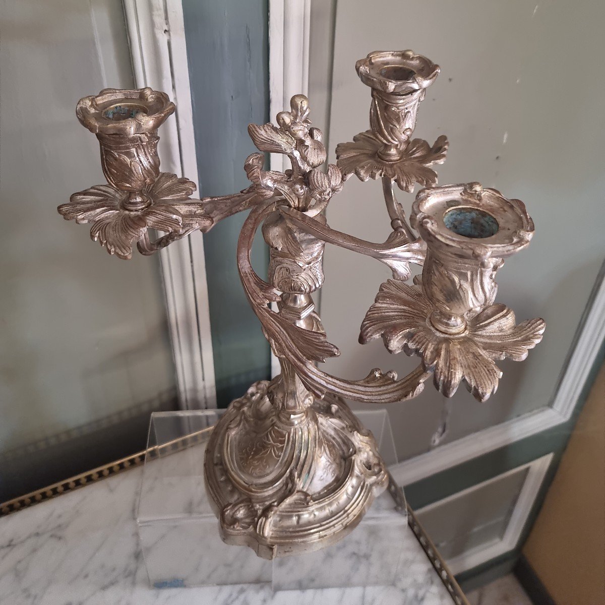 Pair Of Candelabras In Silvered Bronze Louis XV Style-photo-4