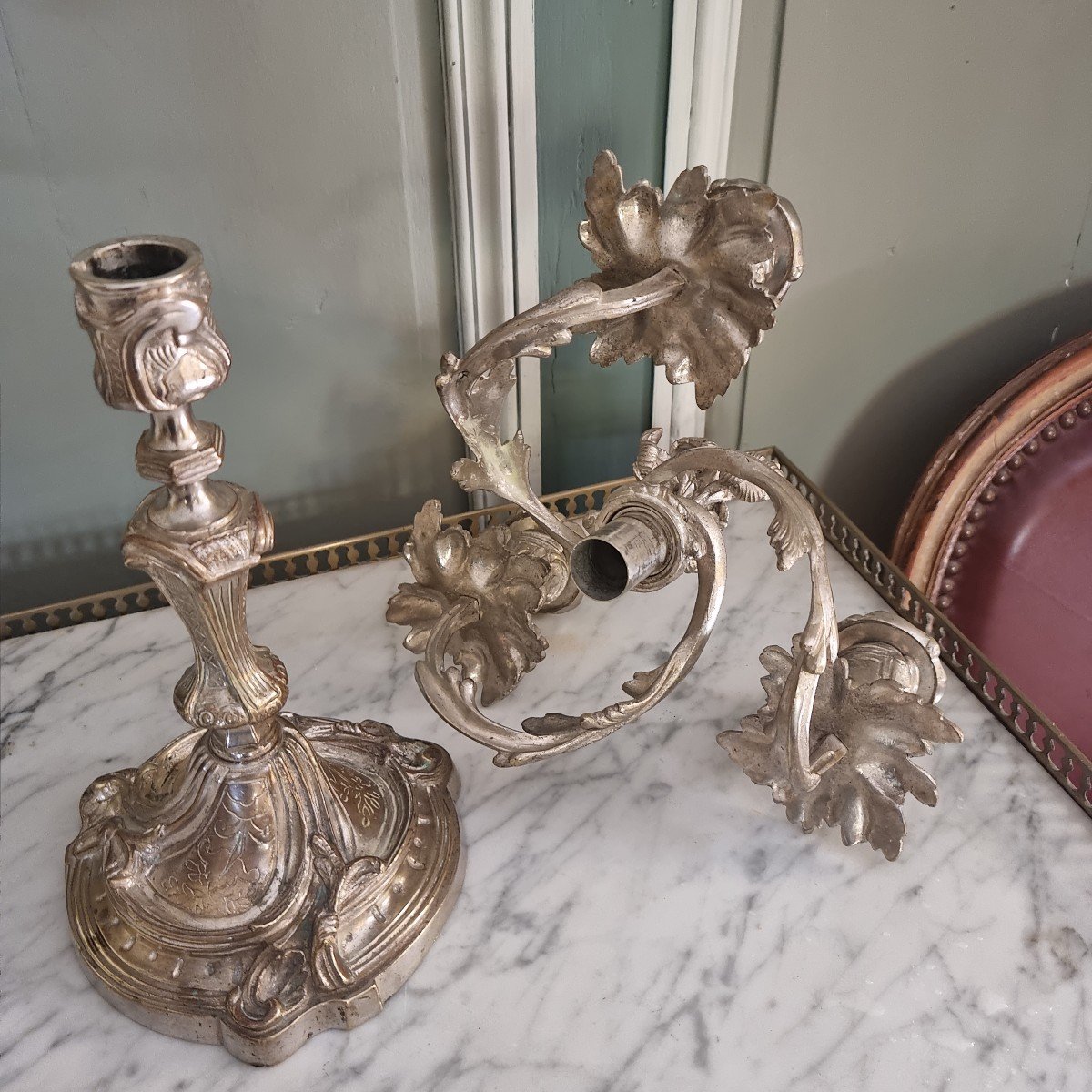 Pair Of Candelabras In Silvered Bronze Louis XV Style-photo-1