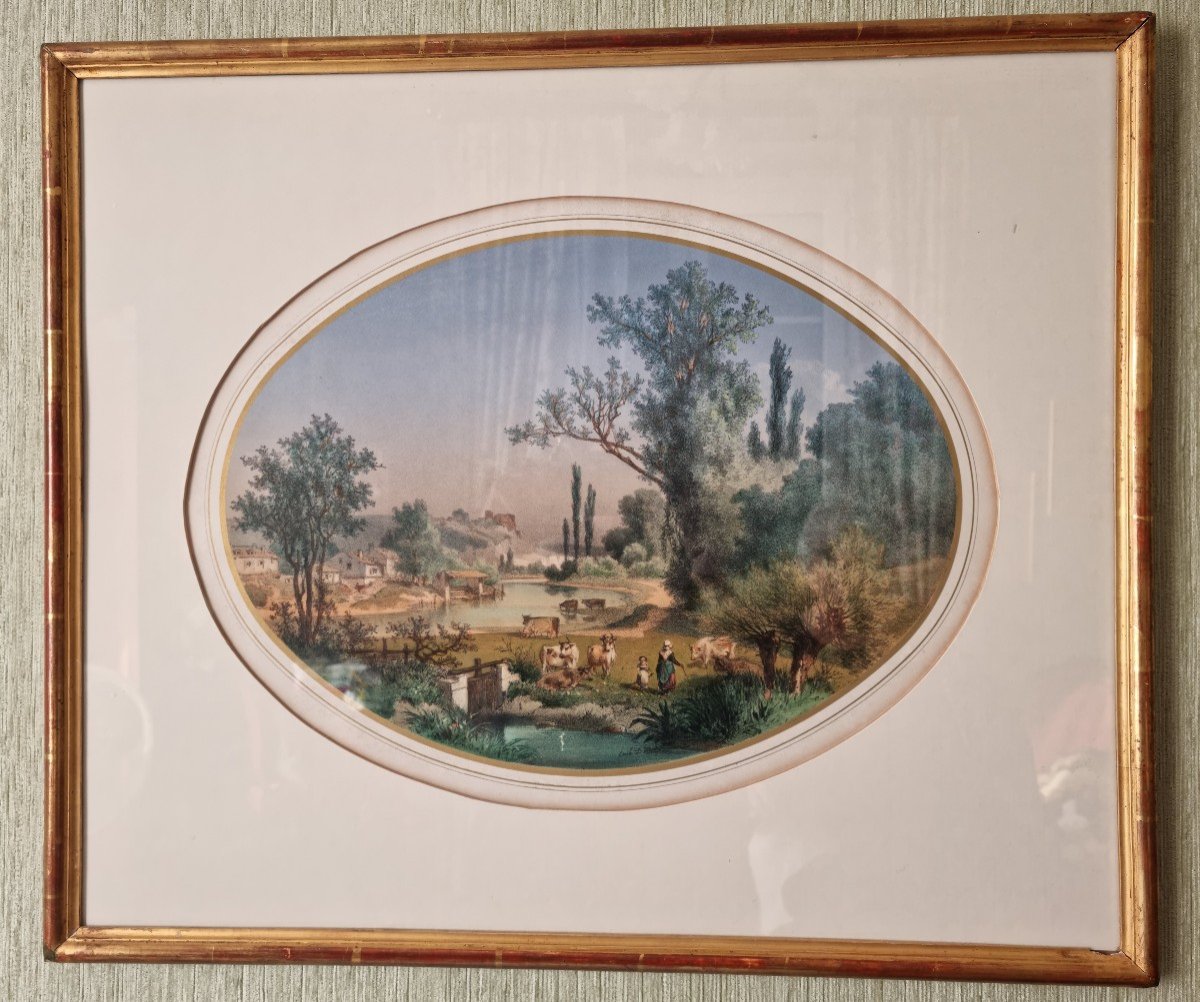 Summer Landscape Lithograph By Louis Emile Dardoize Mid 19th Century-photo-2