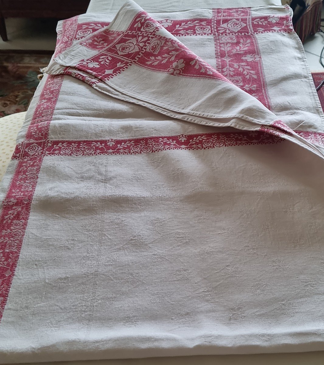 Rectangular Damask Tablecloth With Stripe Decor And Red Border Early 20th Century-photo-2