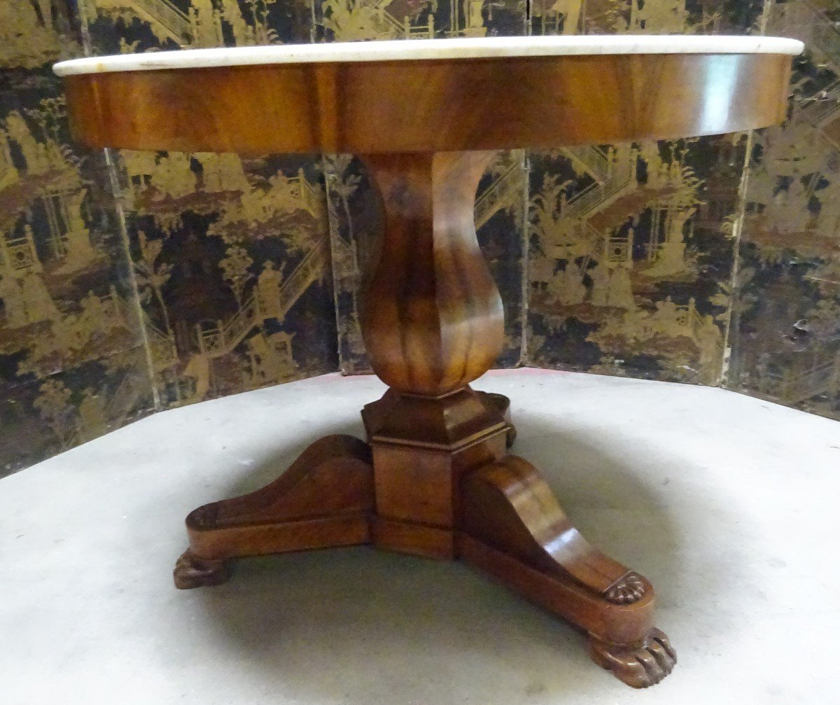 Restoration Period Pedestal Table In Walnut With Marble Top-photo-3