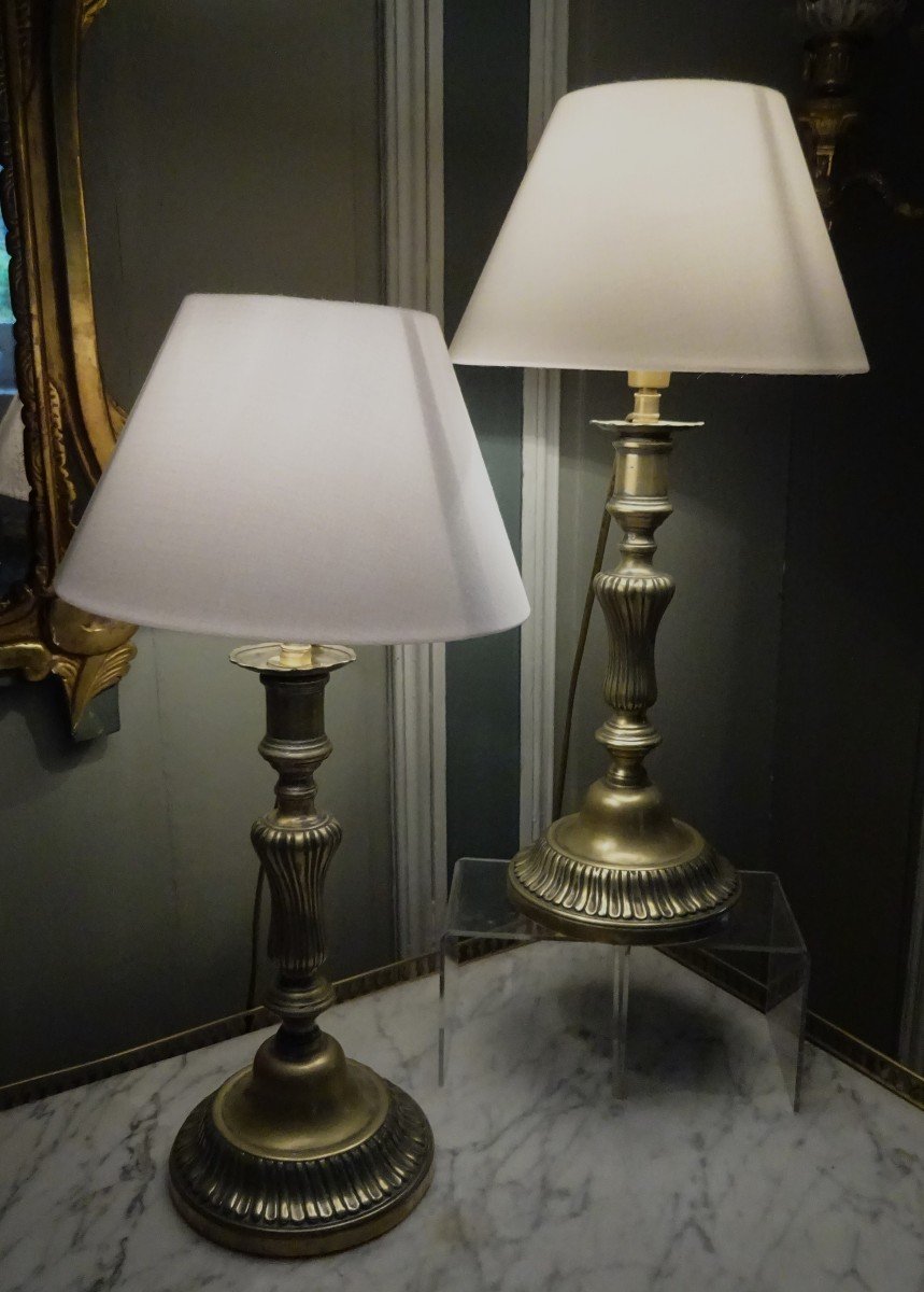 Pair Of 18th Century Bronze Candlesticks Mounted As A Lamp