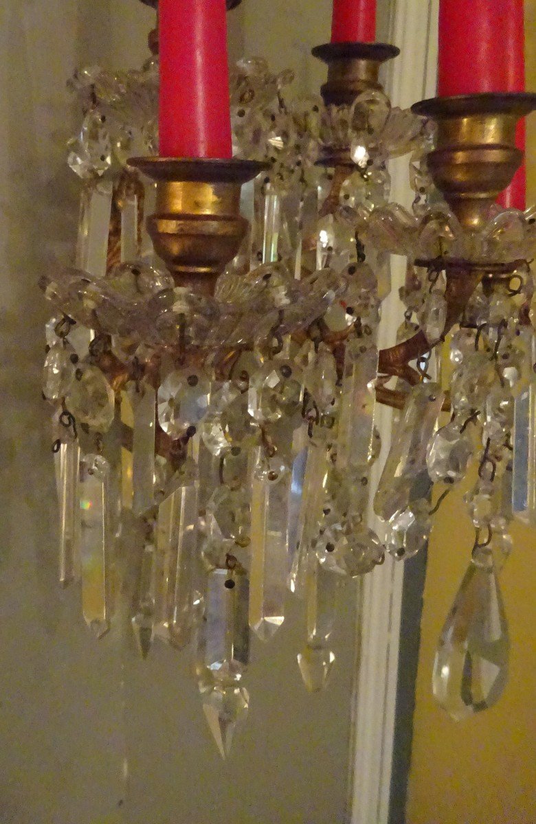 Pair Of 19th Century Bronze And Crystal Wall Lights-photo-3