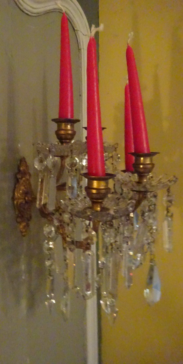 Pair Of 19th Century Bronze And Crystal Wall Lights-photo-1