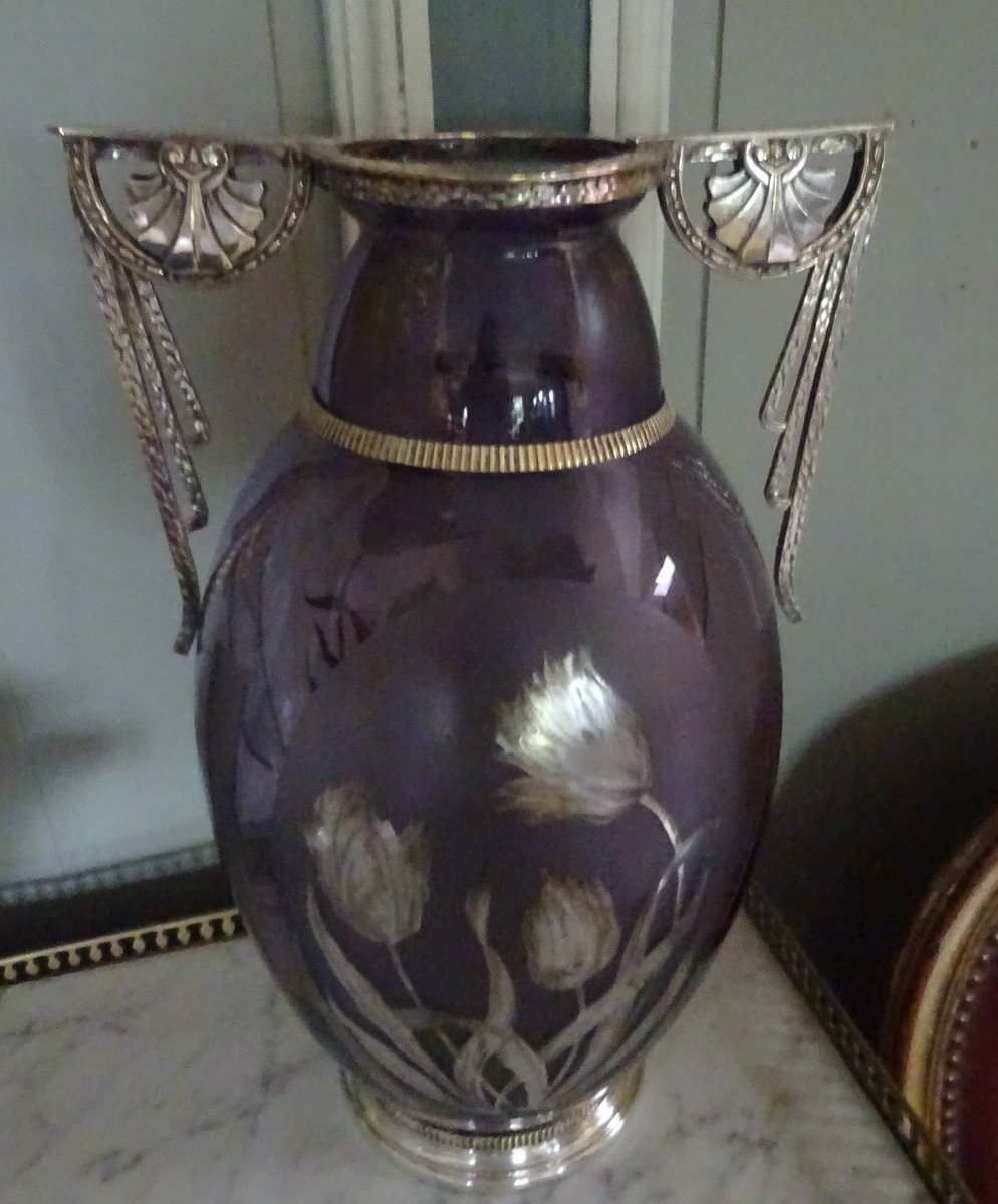 Vase Art Déco Verrerie De Couleur Et Bronze Argenté