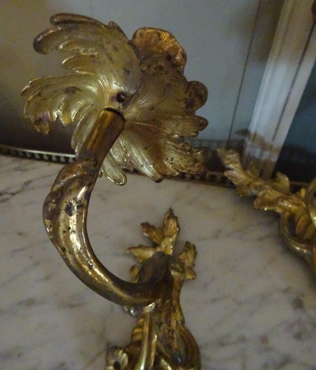 Pair Of Small Louis XV Gilt Bronze Wall Lights-photo-4