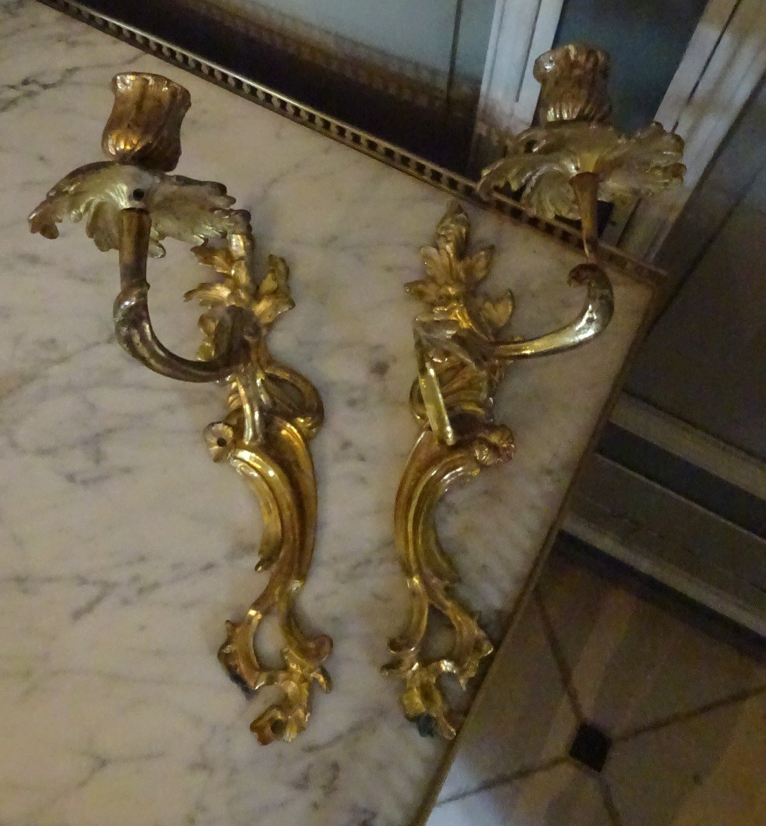 Pair Of Small Louis XV Gilt Bronze Wall Lights-photo-2