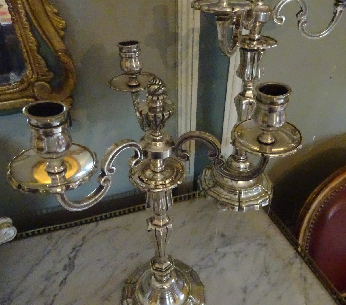 Pair Of Louis XV Style Candelabra In Silver-plated Bronze-photo-4