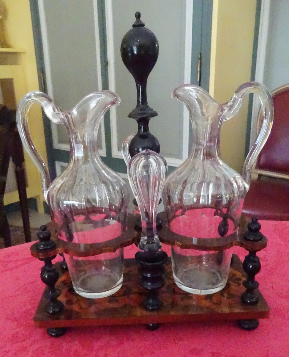 19th Century Oil And Vinegar Cruet, Wood And Crystal 