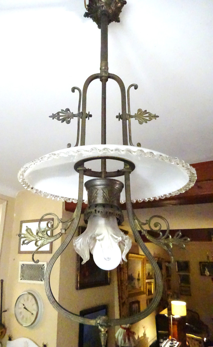Lustre Fin XIXème En Bronze Et Opaline
