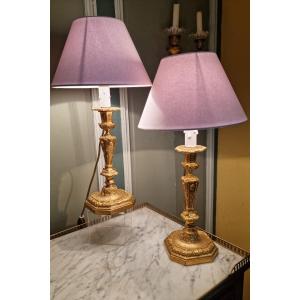Pair Of Gilt Bronze Candlesticks Mounted In Lamp