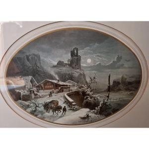 Paysage d'Hiver Lithographie Par Louis Emile Dardoize Milieu Du XIXème Siècle