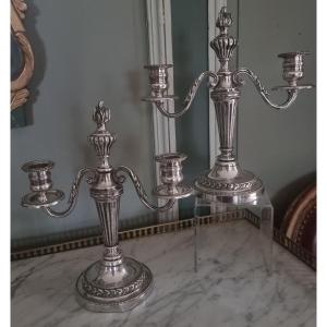Paire De Petits Candélabres "bout De Table" Style Louis XVI Bronze Argenté