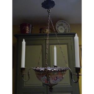 Small 19th Century Bronze Chandelier Decorated With A Canton Cup