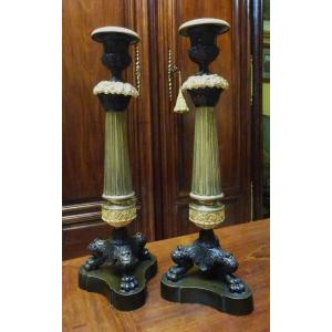 Pair Of Bronze Candlesticks Two Patina From Restoration Period