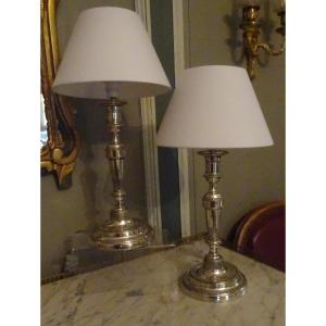 Pair Of 18th Century Candlesticks In Silvered Bronze Mounted As Lamps