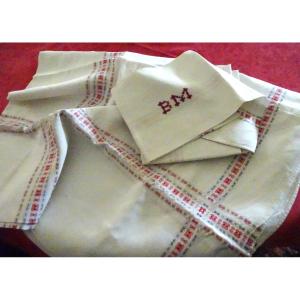 Square Tablecloth And Six Napkins With Colored Stripes Decor, Early 20th Century