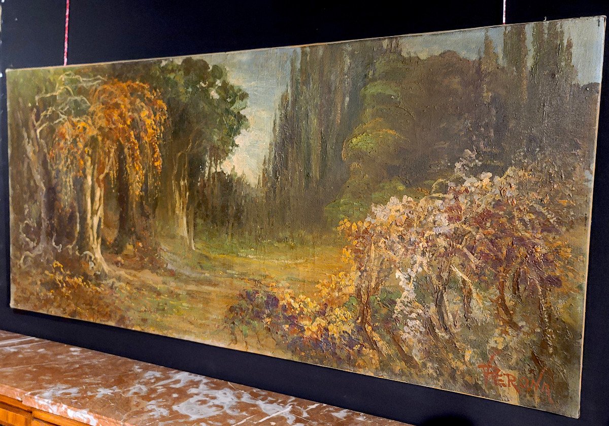 Importante Huile Sur Toile Signée Lucien A. Perona, Sous Bois Début XXe (164cm X 75cm).-photo-2