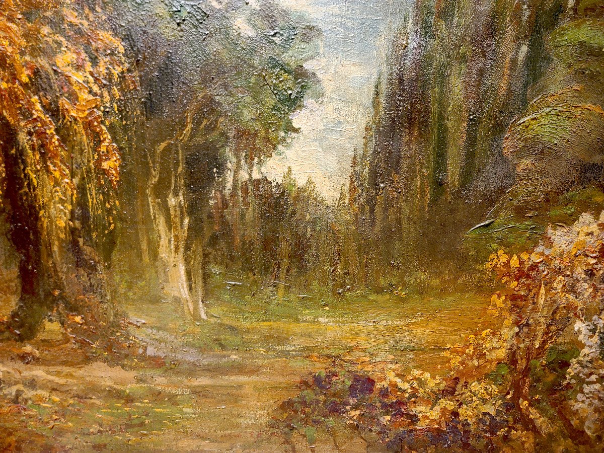 Importante Huile Sur Toile Signée Lucien A. Perona, Sous Bois Début XXe (164cm X 75cm).-photo-4