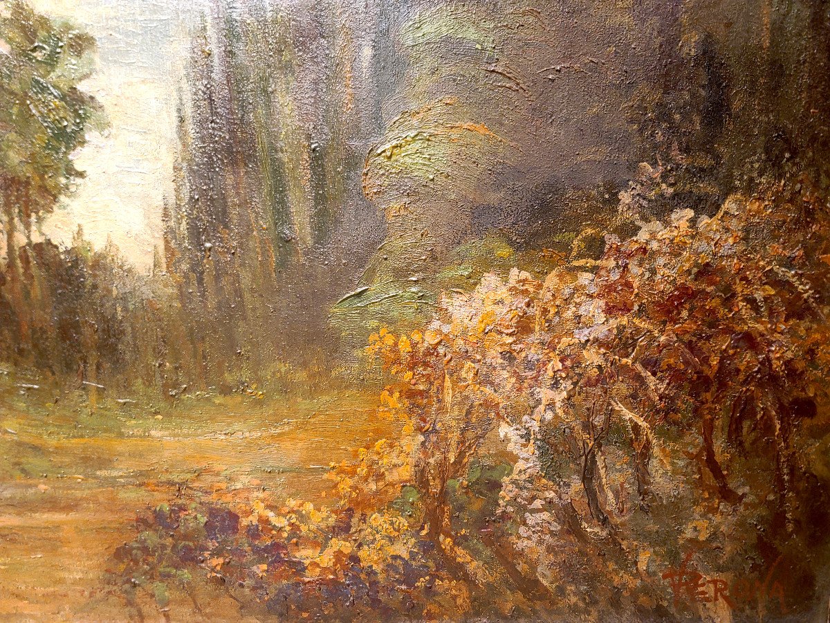 Importante Huile Sur Toile Signée Lucien A. Perona, Sous Bois Début XXe (164cm X 75cm).-photo-2