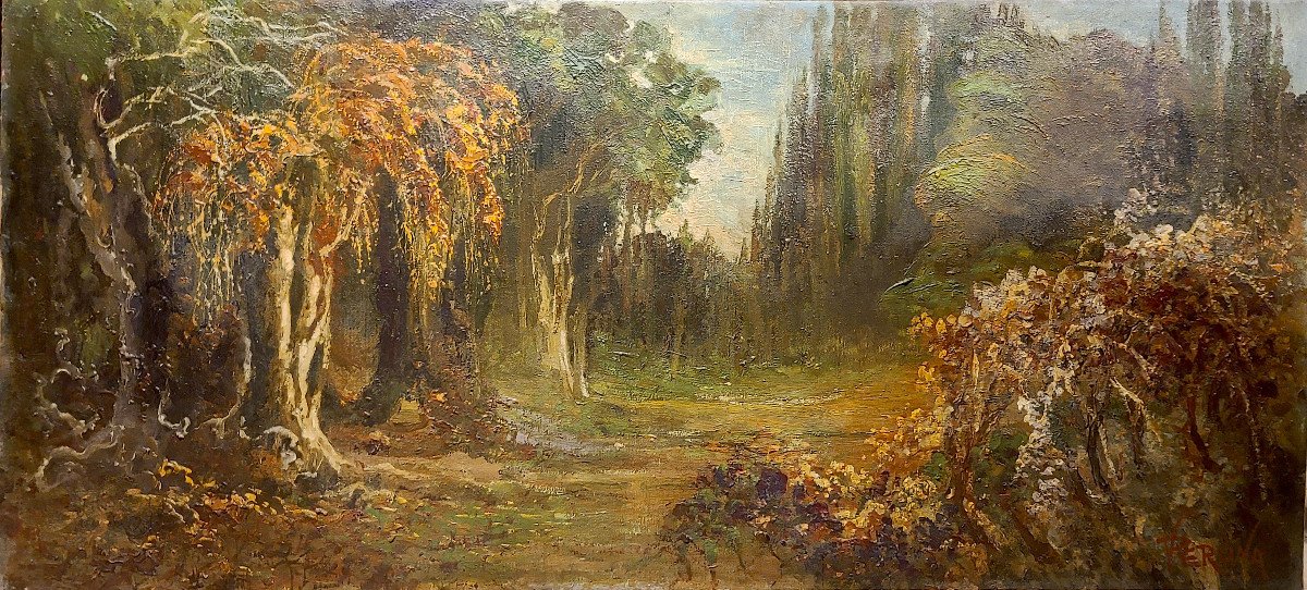 Importante Huile Sur Toile Signée Lucien A. Perona, Sous Bois Début XXe (164cm X 75cm).