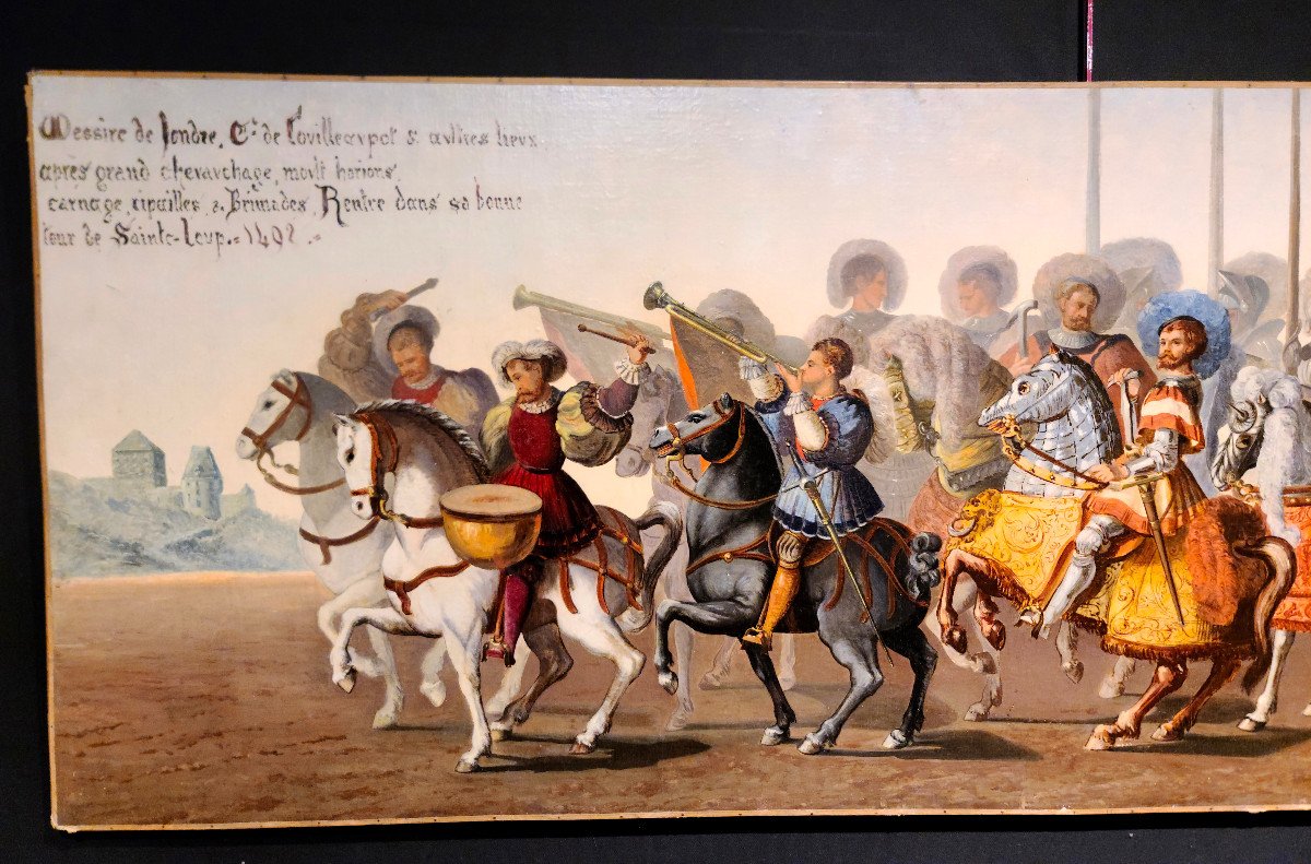 Important Oil On Canvas, Medieval Knights Scene, 19th Century (163cm X 57cm)-photo-2