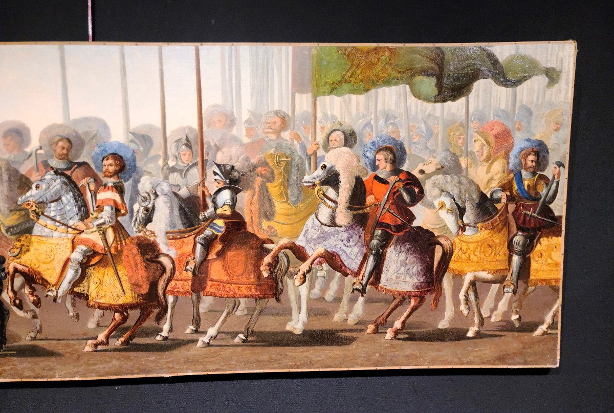 Important Oil On Canvas, Medieval Knights Scene, 19th Century (163cm X 57cm)-photo-3