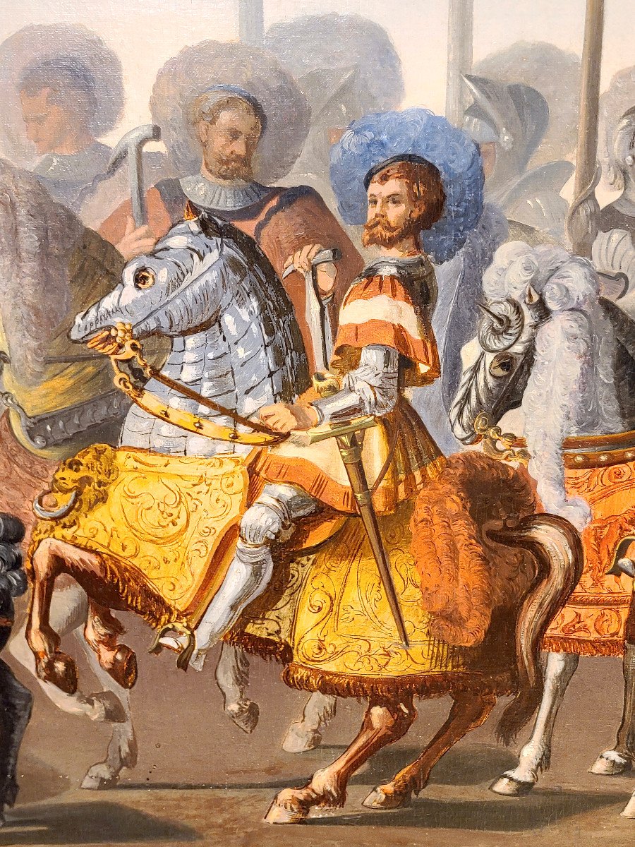 Important Oil On Canvas, Medieval Knights Scene, 19th Century (163cm X 57cm)-photo-4