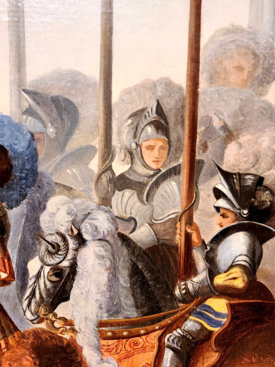 Important Oil On Canvas, Medieval Knights Scene, 19th Century (163cm X 57cm)-photo-6