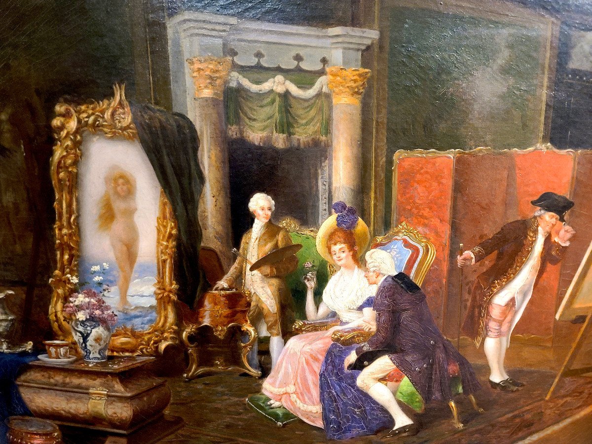 The Painter's Studio, Oil Painting On Canvas, Signed Emile Brisset 1888. (108cm X 88cm)-photo-2