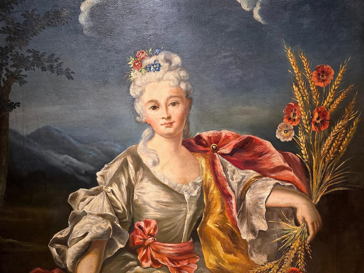 Important Portrait De Femme, Huile Sur Toile, Allégorie De l'été, XVIIIe. (144cm X 114).-photo-2