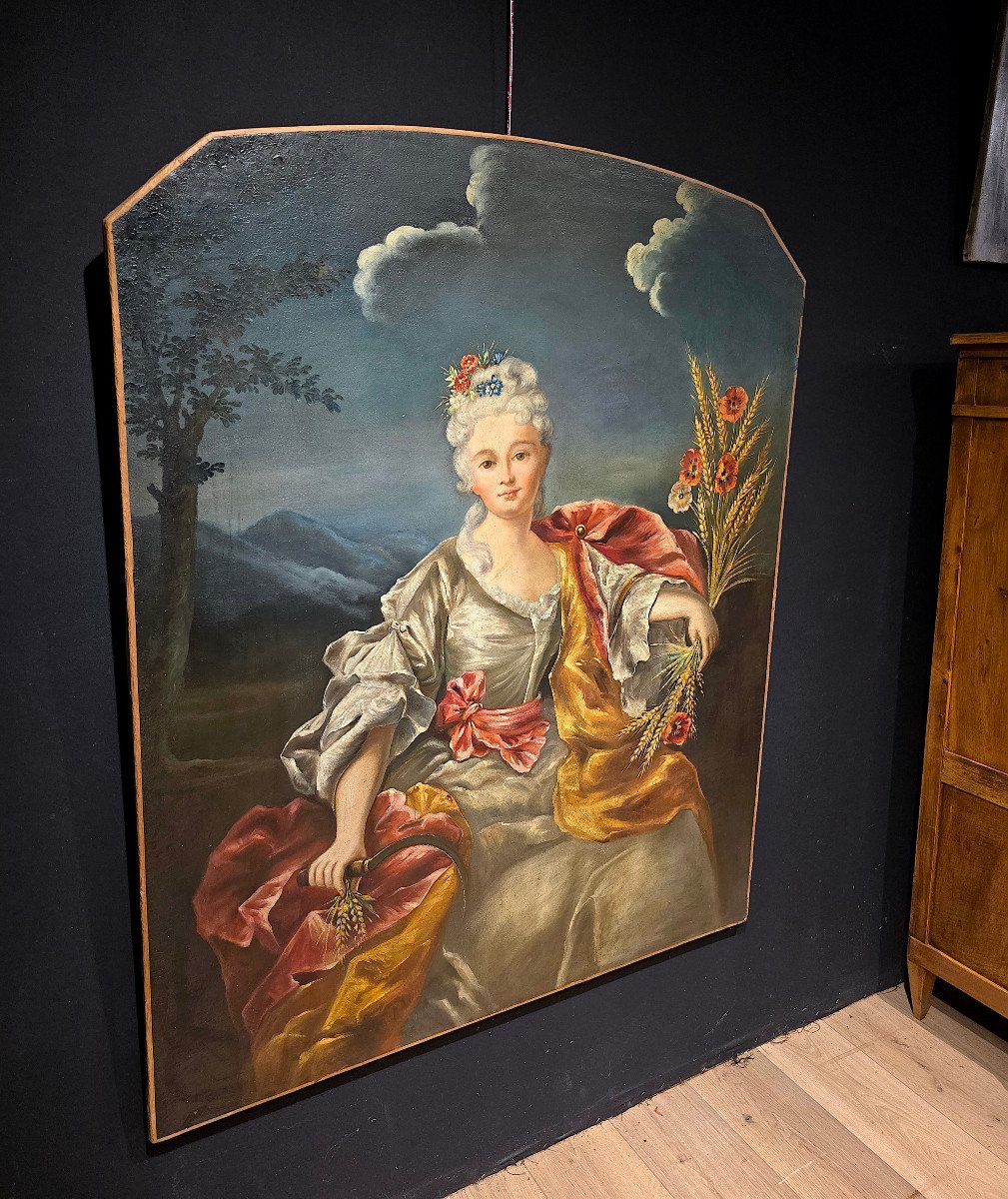 Important Portrait De Femme, Huile Sur Toile, Allégorie De l'été, XVIIIe. (144cm X 114).-photo-8