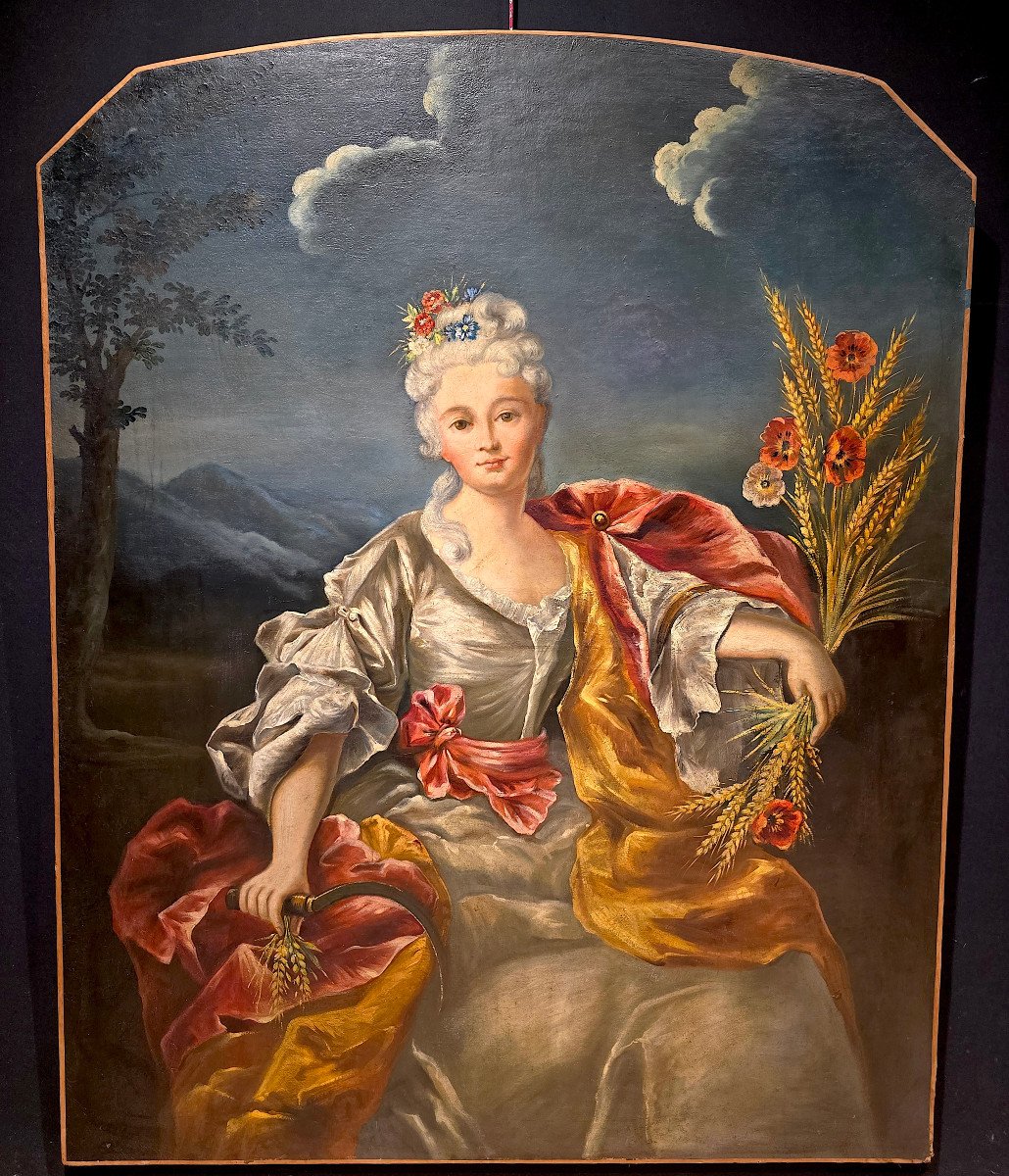 Important Portrait De Femme, Huile Sur Toile, Allégorie De l'été, XVIIIe. (144cm X 114).