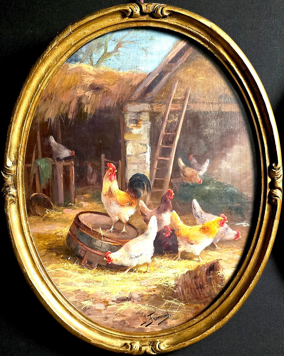 Pair Of Chicken Paintings, Farmyard, Signed Jeanne Froment. (46cm X 37cm)-photo-3