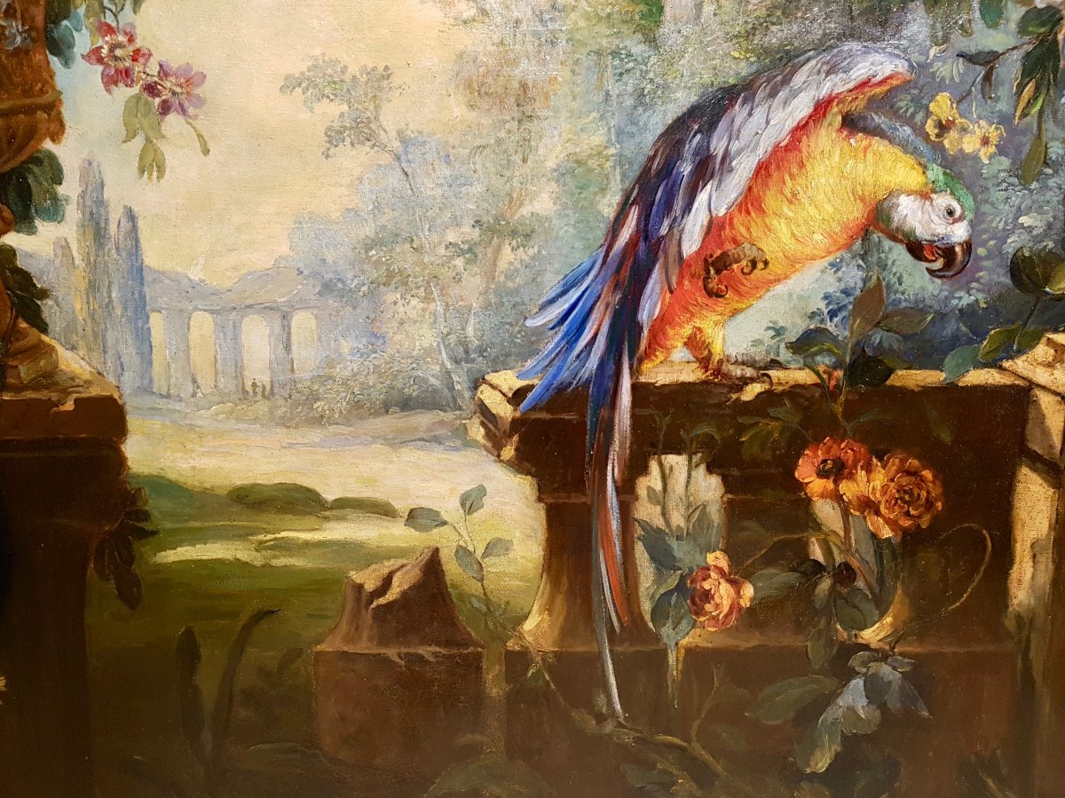 Huile Sur Toile, Nature Morte Aux Fleurs Et Perroquet, XIXème (180cm X 160cm)-photo-2