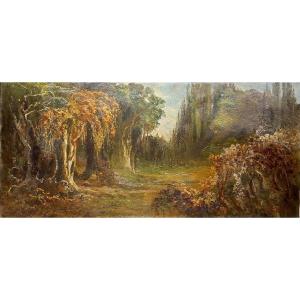 Importante Huile Sur Toile Signée Lucien A. Perona, Sous Bois Début XXe (164cm X 75cm).