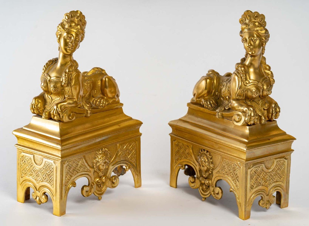 Pair Of Regency Style Andirons In Gilt Bronze. 19th Century.-photo-2