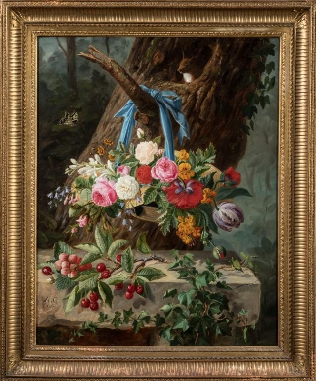 Grand Bouquet De Fleurs Sur Un Entablement. Ecole Lyonnaise Du XIXème Siècle, A.G 1859-photo-1