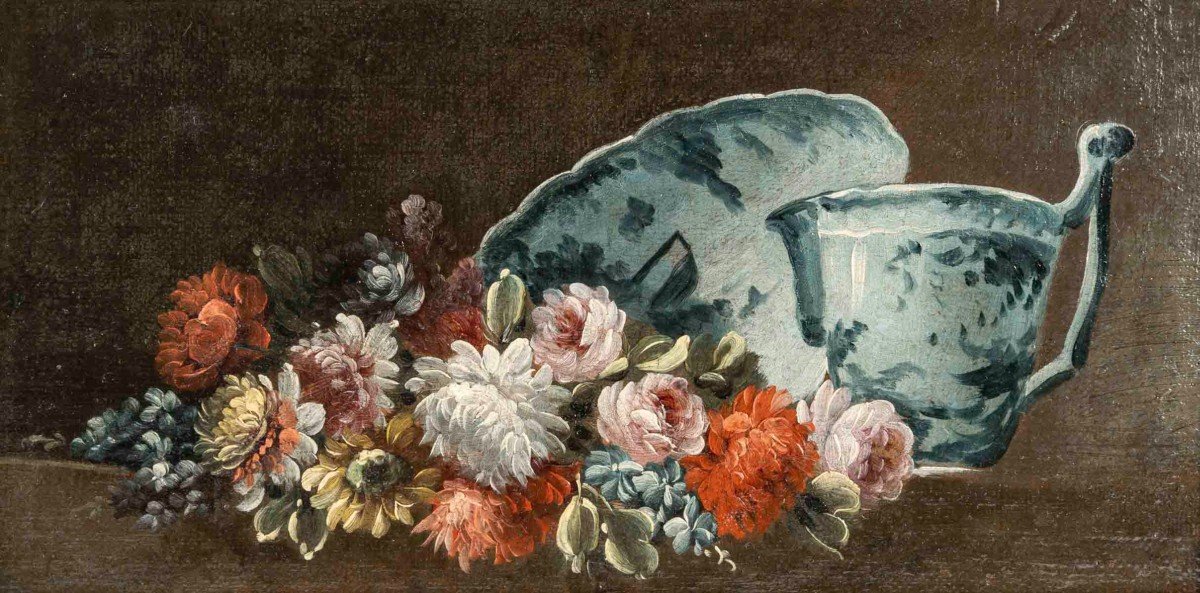 Gasparo LOPEZ (1650-1732) Paire De Natures Mortes Aux Fleurs Et Porcelaine-photo-3