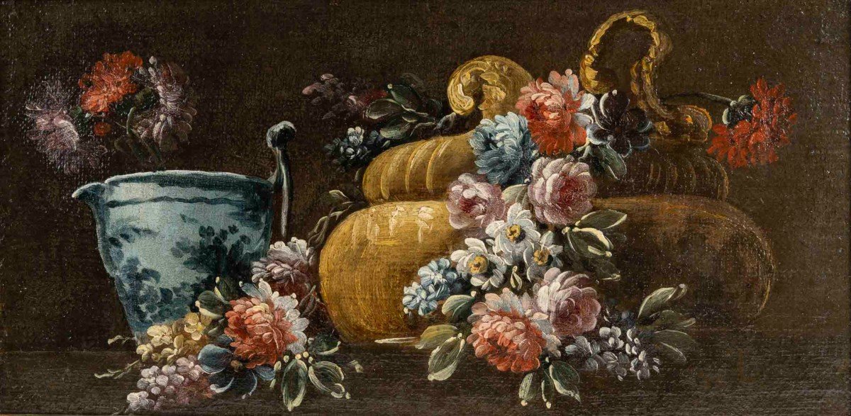 Gasparo LOPEZ (1650-1732) Paire De Natures Mortes Aux Fleurs Et Porcelaine-photo-2