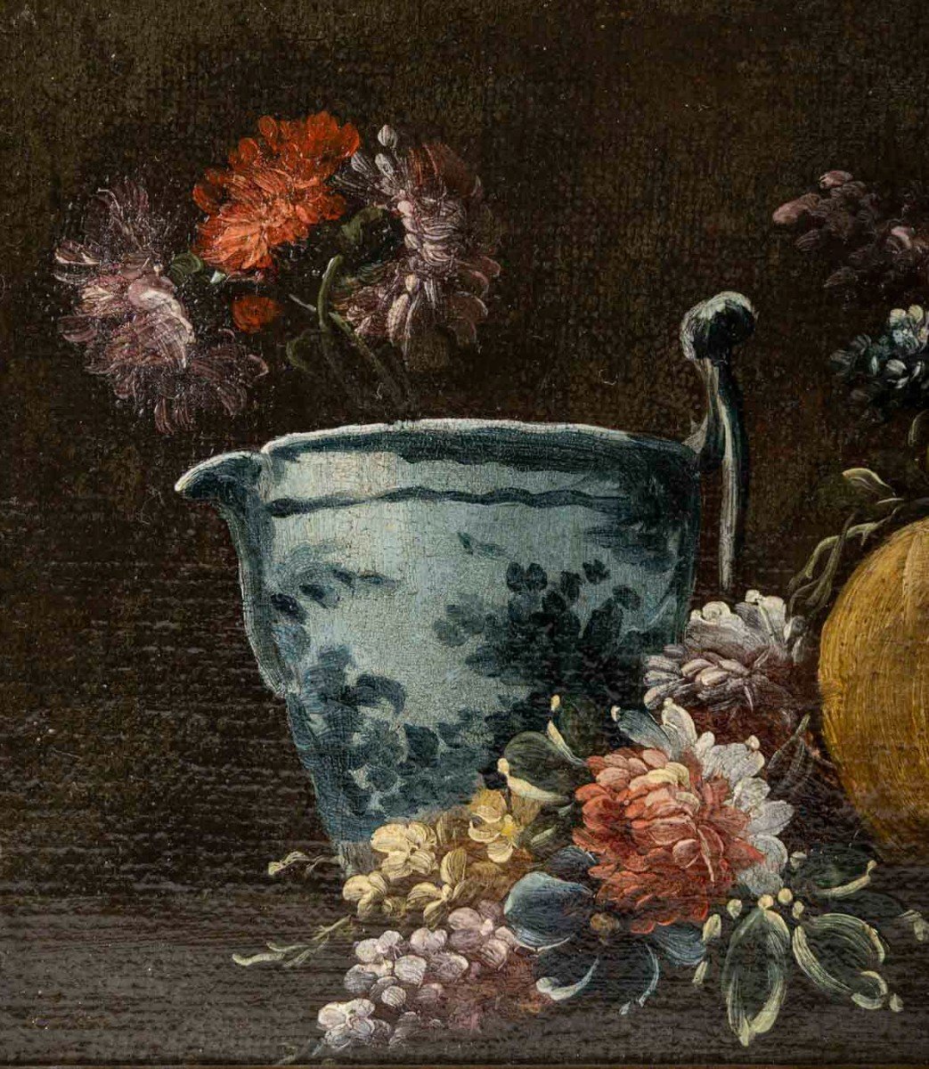 Gasparo LOPEZ (1650-1732) Paire De Natures Mortes Aux Fleurs Et Porcelaine-photo-3